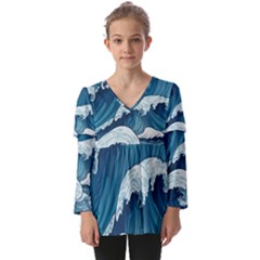 Waves Ocean Sea Pattern Water Tsunami Rough Seas Kids  V Neck Casual Top by Pakemis