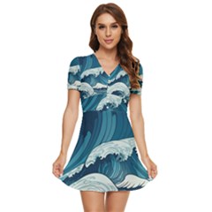 Waves Ocean Sea Pattern Water Tsunami Rough Seas V-neck High Waist Chiffon Mini Dress by Pakemis