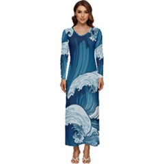 Waves Ocean Sea Pattern Water Tsunami Rough Seas Long Sleeve Longline Maxi Dress by Pakemis