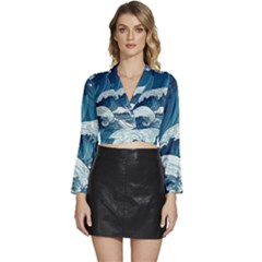 Waves Ocean Sea Pattern Water Tsunami Rough Seas Long Sleeve Tie Back Satin Wrap Top