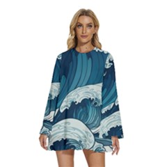 Waves Ocean Sea Pattern Water Tsunami Rough Seas Round Neck Long Sleeve Bohemian Style Chiffon Mini Dress