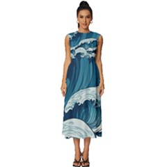 Waves Ocean Sea Pattern Water Tsunami Rough Seas Sleeveless Round Neck Midi Dress by Pakemis