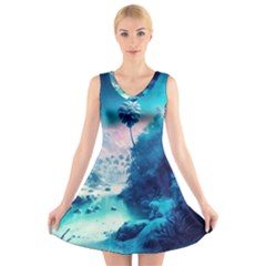 Tropical Winter Frozen Snow Paradise Palm Trees V-neck Sleeveless Dress by Pakemis