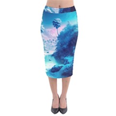 Tropical Winter Frozen Snow Paradise Palm Trees Velvet Midi Pencil Skirt by Pakemis