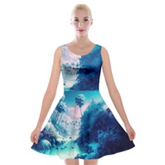 Tropical Winter Frozen Snow Paradise Palm Trees Velvet Skater Dress by Pakemis