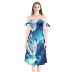 Tropical Winter Frozen Snow Paradise Palm Trees Shoulder Tie Bardot Midi Dress by Pakemis