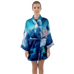 Tropical Winter Frozen Snow Paradise Palm Trees Long Sleeve Satin Kimono by Pakemis