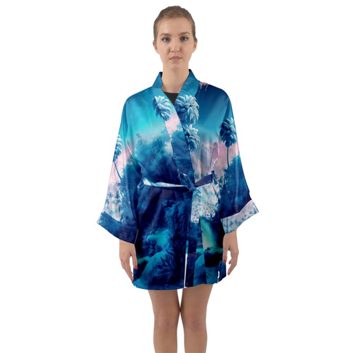 Tropical Winter Frozen Snow Paradise Palm Trees Long Sleeve Satin Kimono