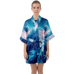 Tropical Winter Frozen Snow Paradise Palm Trees Half Sleeve Satin Kimono  by Pakemis