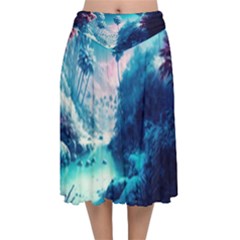 Tropical Winter Frozen Snow Paradise Palm Trees Velvet Flared Midi Skirt by Pakemis