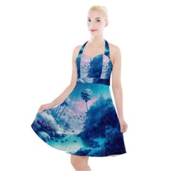 Tropical Winter Frozen Snow Paradise Palm Trees Halter Party Swing Dress 