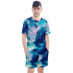 Tropical Winter Frozen Snow Paradise Palm Trees Men s Mesh Tee And Shorts Set