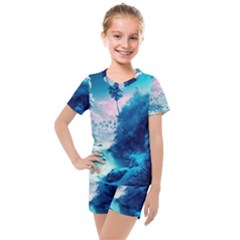 Tropical Winter Frozen Snow Paradise Palm Trees Kids  Mesh Tee And Shorts Set