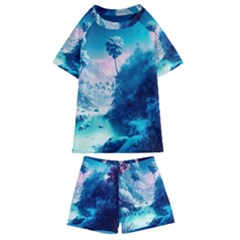 Tropical Winter Frozen Snow Paradise Palm Trees Kids  Swim Tee And Shorts Set