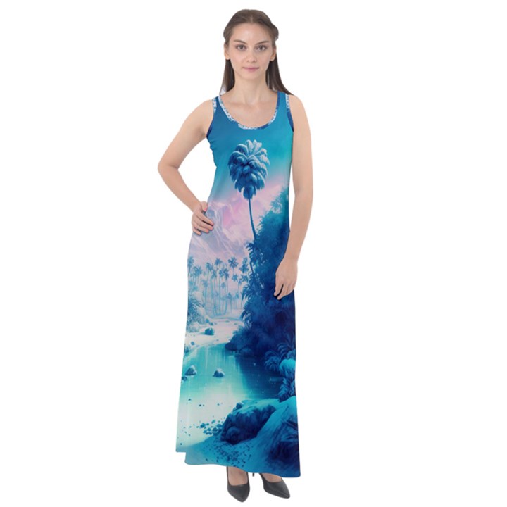 Tropical Winter Frozen Snow Paradise Palm Trees Sleeveless Velour Maxi Dress