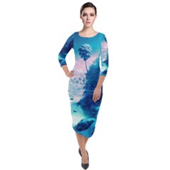 Tropical Winter Frozen Snow Paradise Palm Trees Quarter Sleeve Midi Velour Bodycon Dress