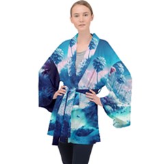 Tropical Winter Frozen Snow Paradise Palm Trees Long Sleeve Velvet Kimono 