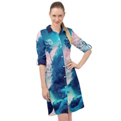 Tropical Winter Frozen Snow Paradise Palm Trees Long Sleeve Mini Shirt Dress