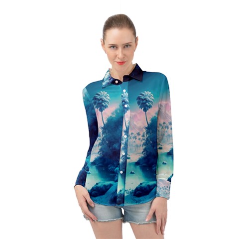 Tropical Winter Frozen Snow Paradise Palm Trees Long Sleeve Chiffon Shirt by Pakemis