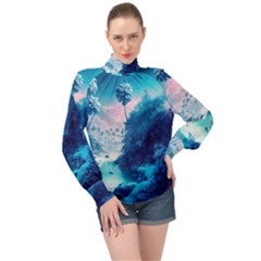 Tropical Winter Frozen Snow Paradise Palm Trees High Neck Long Sleeve Chiffon Top