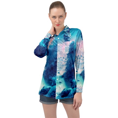 Tropical Winter Frozen Snow Paradise Palm Trees Long Sleeve Satin Shirt by Pakemis