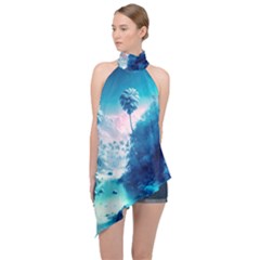 Tropical Winter Frozen Snow Paradise Palm Trees Halter Asymmetric Satin Top