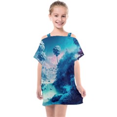 Tropical Winter Frozen Snow Paradise Palm Trees Kids  One Piece Chiffon Dress