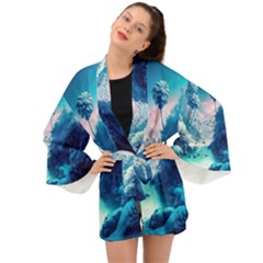 Tropical Winter Frozen Snow Paradise Palm Trees Long Sleeve Kimono