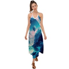 Tropical Winter Frozen Snow Paradise Palm Trees Halter Tie Back Dress 