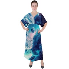 Tropical Winter Frozen Snow Paradise Palm Trees V-neck Boho Style Maxi Dress