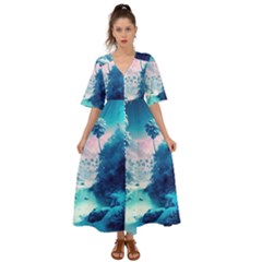 Tropical Winter Frozen Snow Paradise Palm Trees Kimono Sleeve Boho Dress