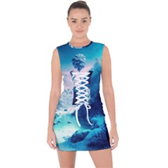 Tropical Winter Frozen Snow Paradise Palm Trees Lace Up Front Bodycon Dress