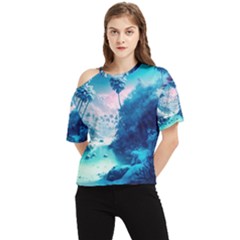 Tropical Winter Frozen Snow Paradise Palm Trees One Shoulder Cut Out Tee