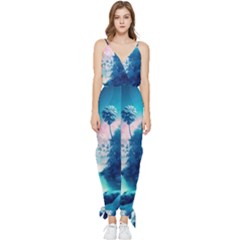 Tropical Winter Frozen Snow Paradise Palm Trees Sleeveless Tie Ankle Chiffon Jumpsuit