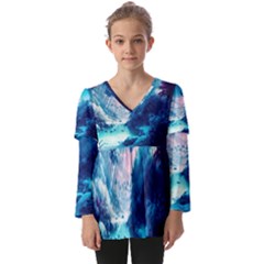 Tropical Winter Frozen Snow Paradise Palm Trees Kids  V Neck Casual Top