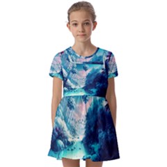 Tropical Winter Frozen Snow Paradise Palm Trees Kids  Short Sleeve Pinafore Style Dress