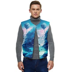 Tropical Winter Frozen Snow Paradise Palm Trees Men s Short Button Up Puffer Vest	