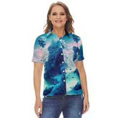 Tropical Winter Frozen Snow Paradise Palm Trees Women s Short Sleeve Double Pocket Shirt