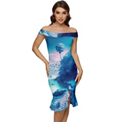 Tropical Winter Frozen Snow Paradise Palm Trees Off Shoulder Ruffle Split Hem Bodycon Dress