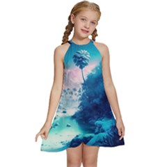 Tropical Winter Frozen Snow Paradise Palm Trees Kids  Halter Collar Waist Tie Chiffon Dress