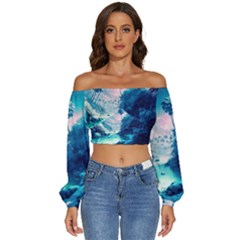 Tropical Winter Frozen Snow Paradise Palm Trees Long Sleeve Crinkled Weave Crop Top by Pakemis