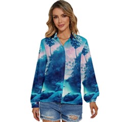 Tropical Winter Frozen Snow Paradise Palm Trees Women s Long Sleeve Button Down Shirt