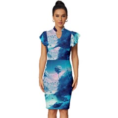 Tropical Winter Frozen Snow Paradise Palm Trees Vintage Frill Sleeve V-neck Bodycon Dress