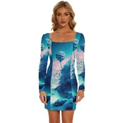 Tropical Winter Frozen Snow Paradise Palm Trees Long Sleeve Square Neck Bodycon Velvet Dress