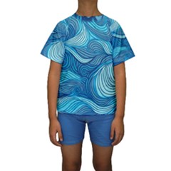 Ocean Waves Sea Abstract Pattern Water Blue Kids  Short Sleeve Swimwear by Pakemis