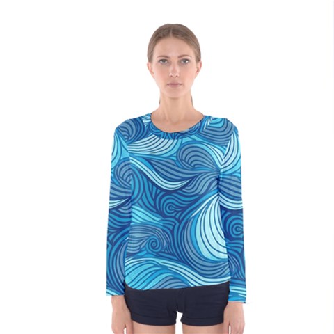 Ocean Waves Sea Abstract Pattern Water Blue Women s Long Sleeve Tee by Pakemis