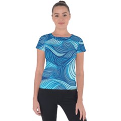 Ocean Waves Sea Abstract Pattern Water Blue Short Sleeve Sports Top  by Pakemis