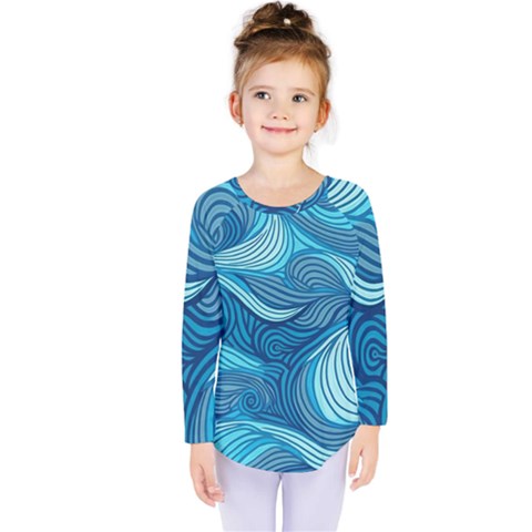 Ocean Waves Sea Abstract Pattern Water Blue Kids  Long Sleeve Tee by Pakemis