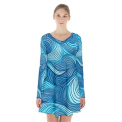 Ocean Waves Sea Abstract Pattern Water Blue Long Sleeve Velvet V-neck Dress