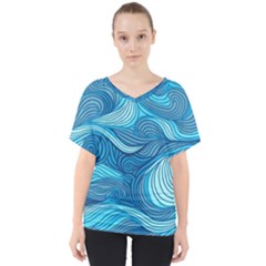 Ocean Waves Sea Abstract Pattern Water Blue V-neck Dolman Drape Top by Pakemis